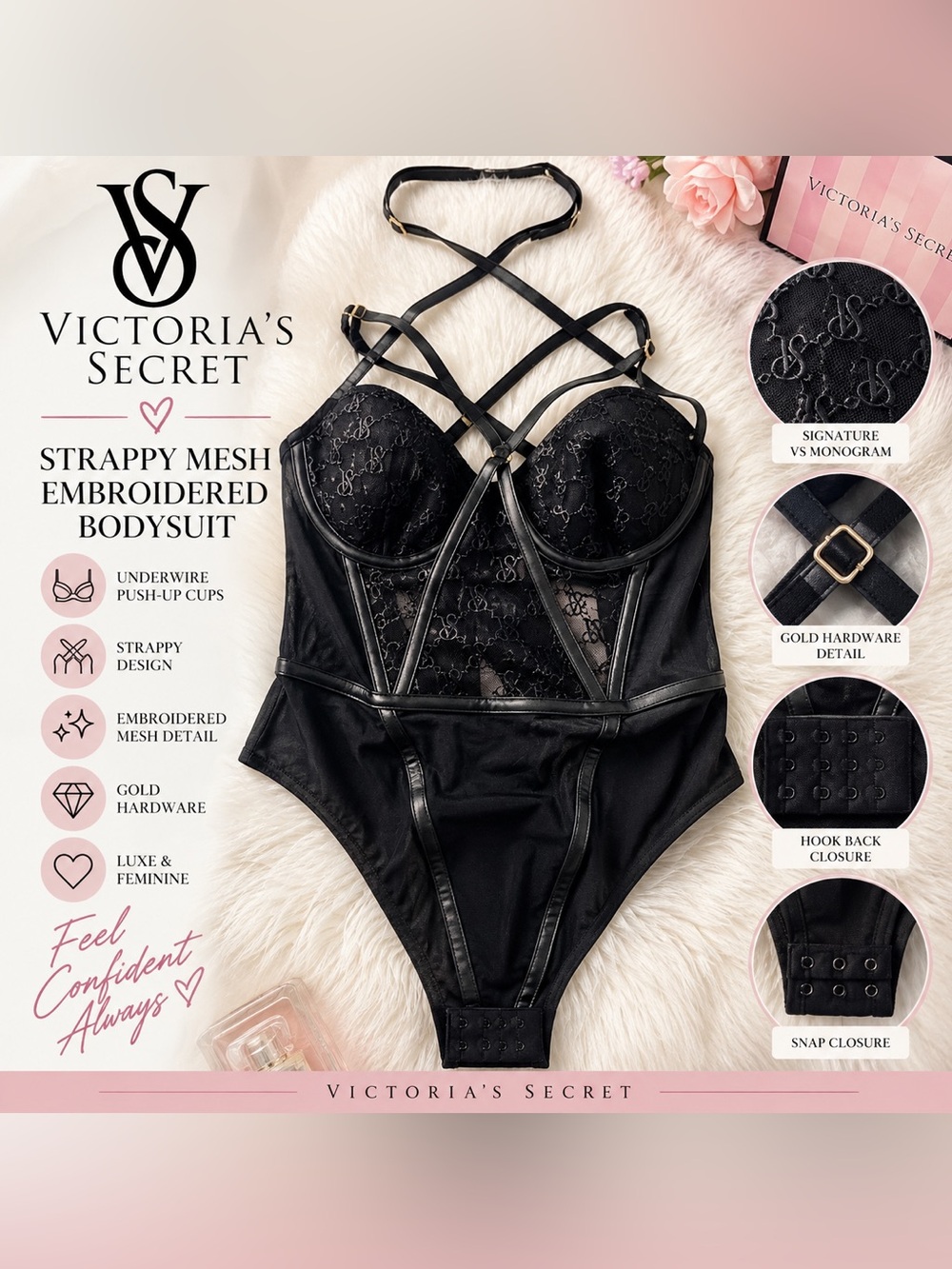 Victoria’s Secret Icon Push-Up Teddy Black VS Monogram Lace Strappy Bodysuit